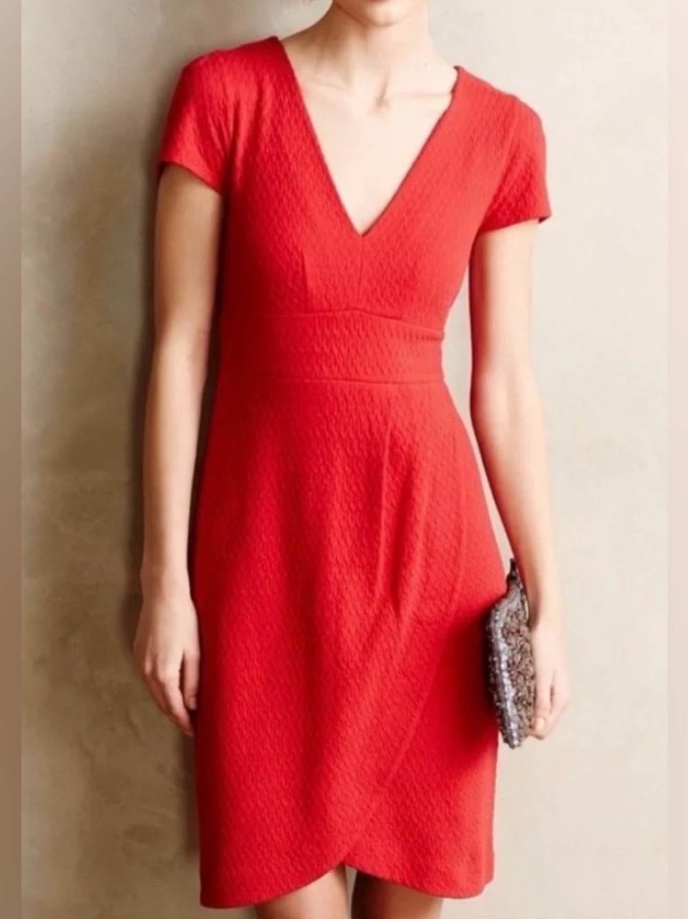 Maeve by Anthropologie Red Textured V-Neck Short Sleeve Mini Dress - Size M